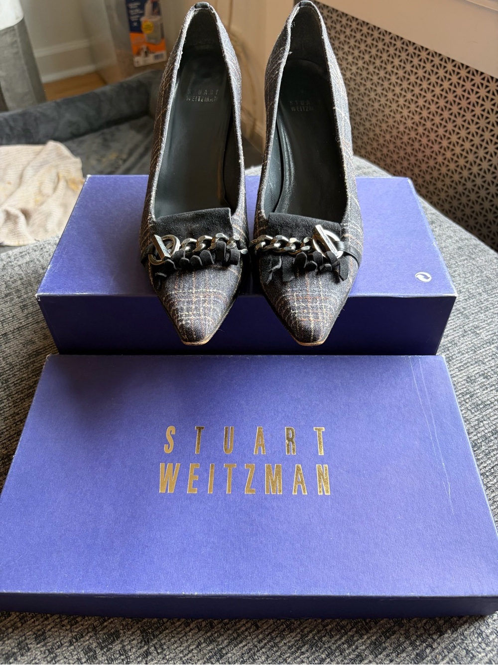 Stuart Weitzman Plaid Gray Pointed-Toe Chain-Accent Pumps - worn